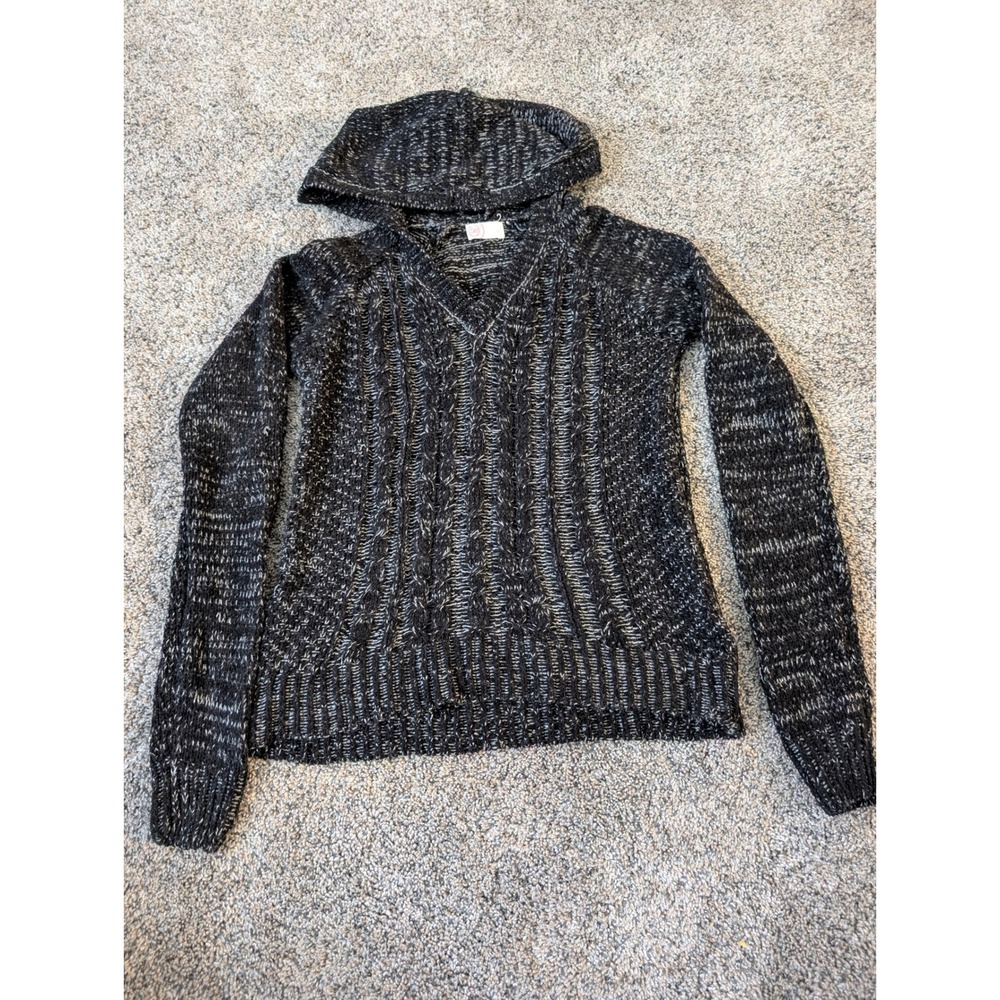 Y2K SO Black White‎ Speckled Cable Knit Hoodie V Neck Sweater Women's XXS